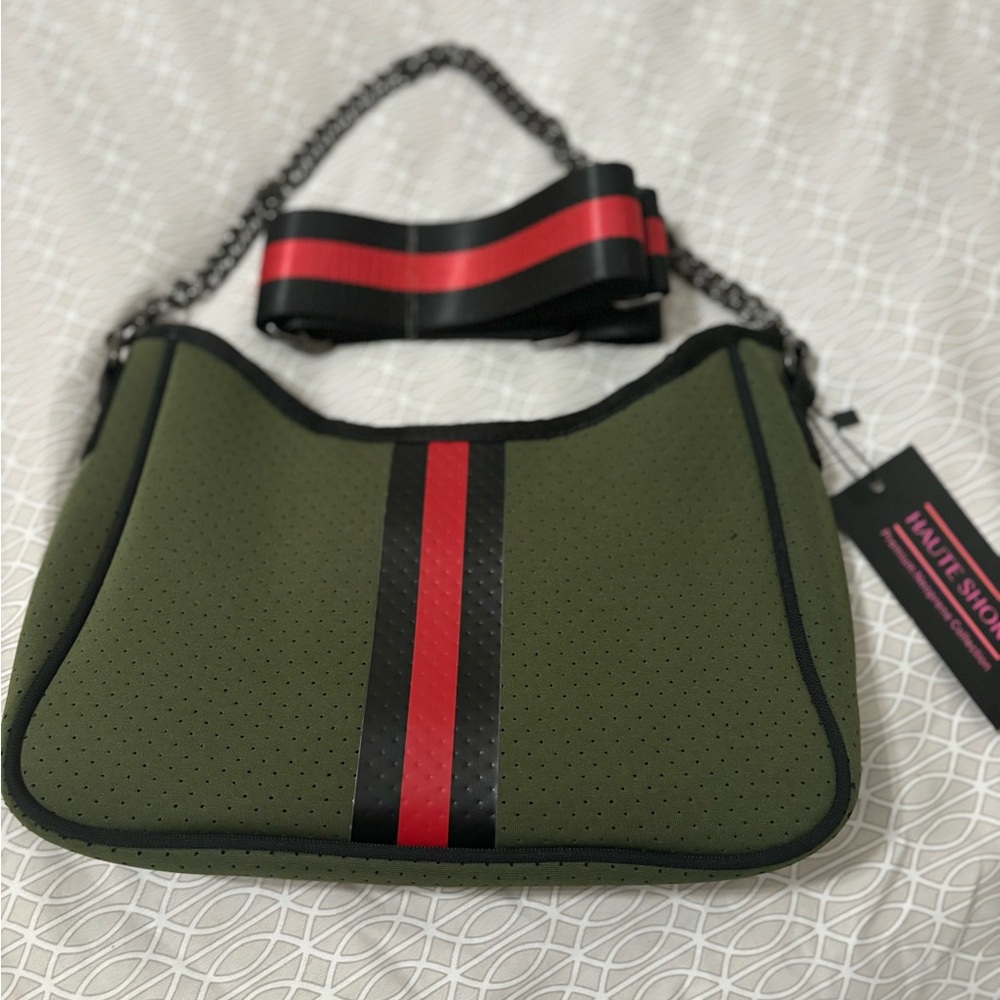 Haute Shore Olive Neoprene Handbag, can be worn as a shoulder bag or crossbody.